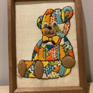 Vintage 1970’s Hand Stitched Patchwork Googly Eyed Teddy Bear Crewel Wall Decor